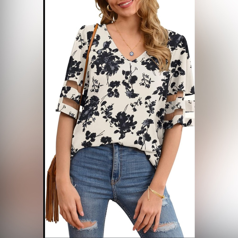 Chic V-Neck Floral Blouse - Black and White